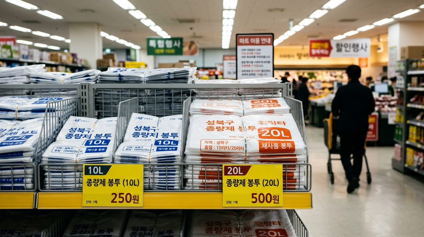 마트에 진열된 쓰레기봉투 10리터 20리터