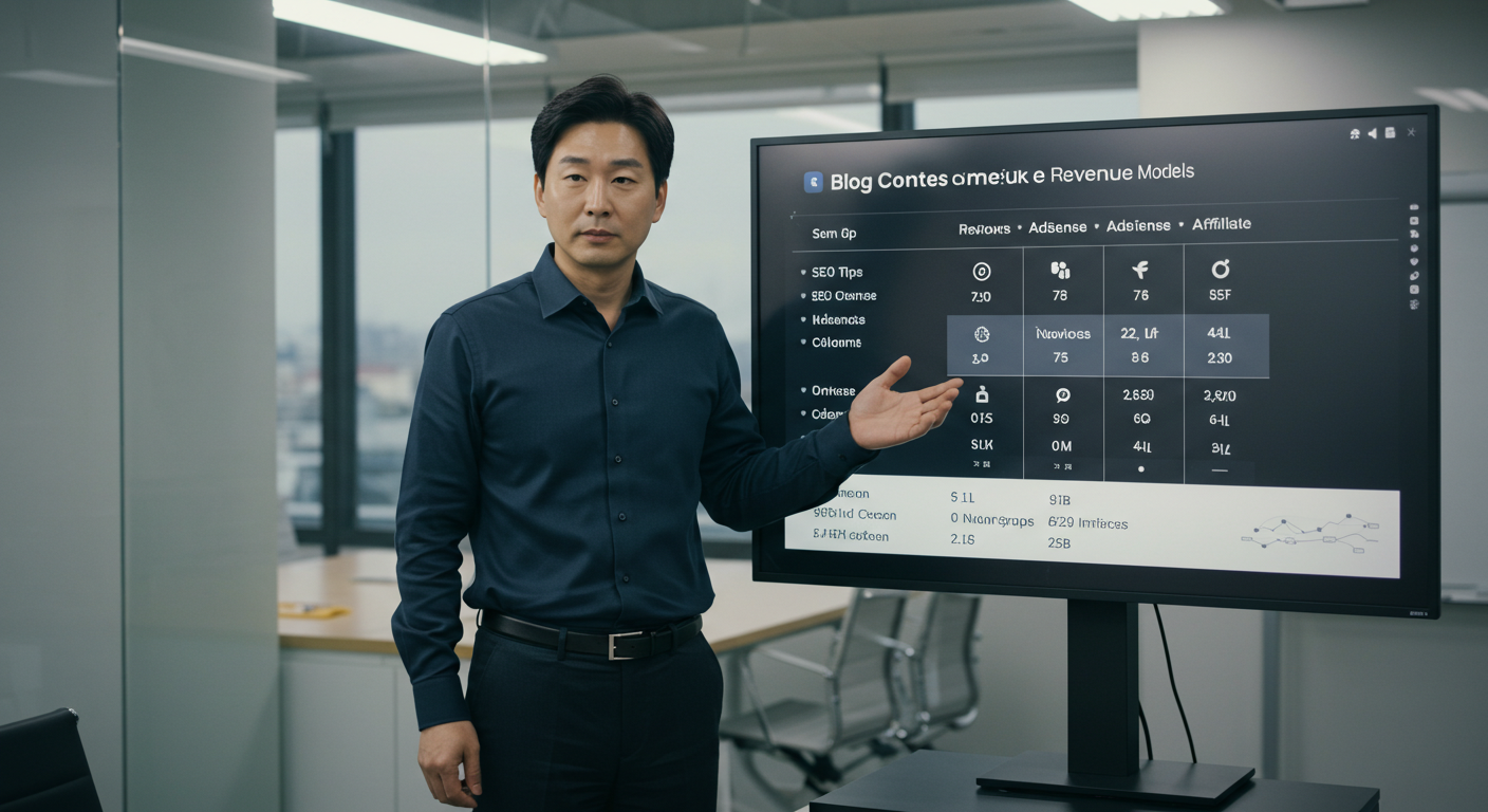 콘텐츠와 수익 모델 매칭 구조를 발표 중인 마케팅 전문가