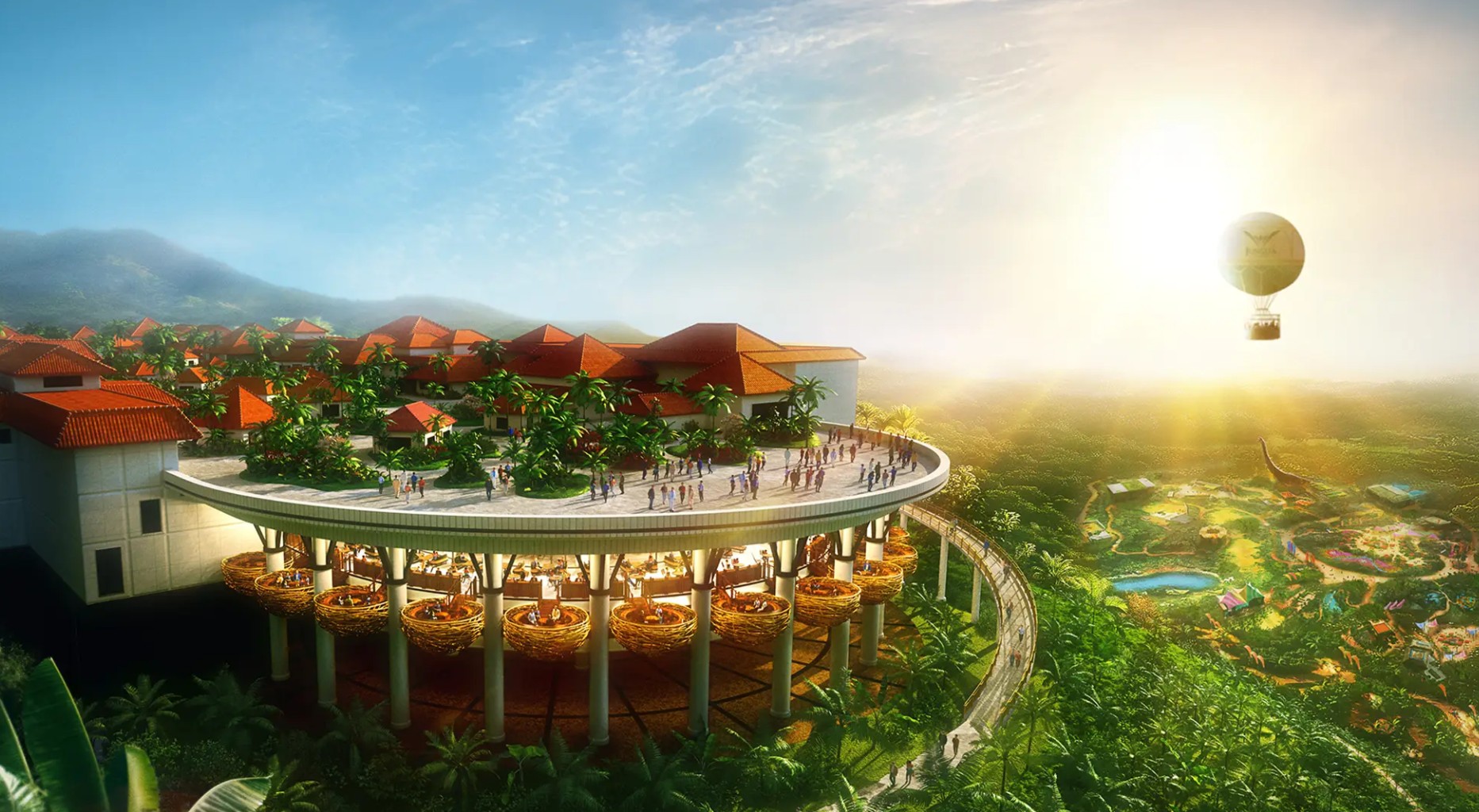 정글리아 오키나와 전경과 열기구, 해가 지는 정글 풍경을 배경으로 한 전망대