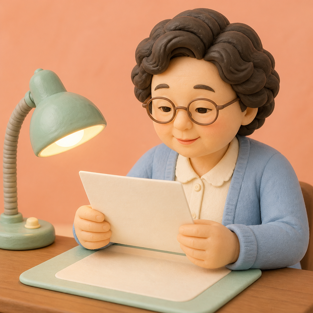 서재 책상에서 연금 안내 우편을 읽는 60대 여성