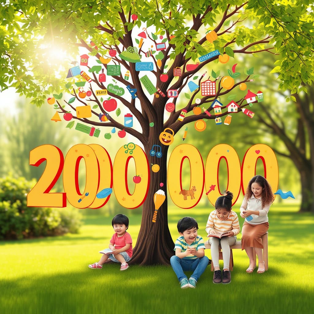 '월 20만원'이라는 금액이 자녀의 교육, 식비, 의류 등 다양한 생활비로 활용되는 모습을 시각적으로 표현합니다. 20만 원이 단순히 돈이 아니라 자녀의 성장을 위한 소중한 자원임을 보여줍니다.