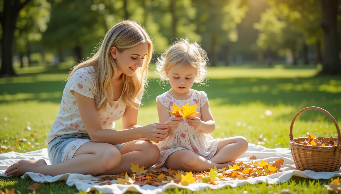 엄마와 아이가 잔디밭에서 야외 활동하는 모습