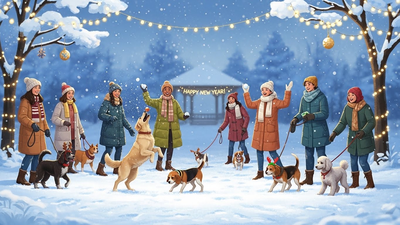 2026년 새해를 맞아 반려동물과 함께 야외 활동을 즐기는 사람들