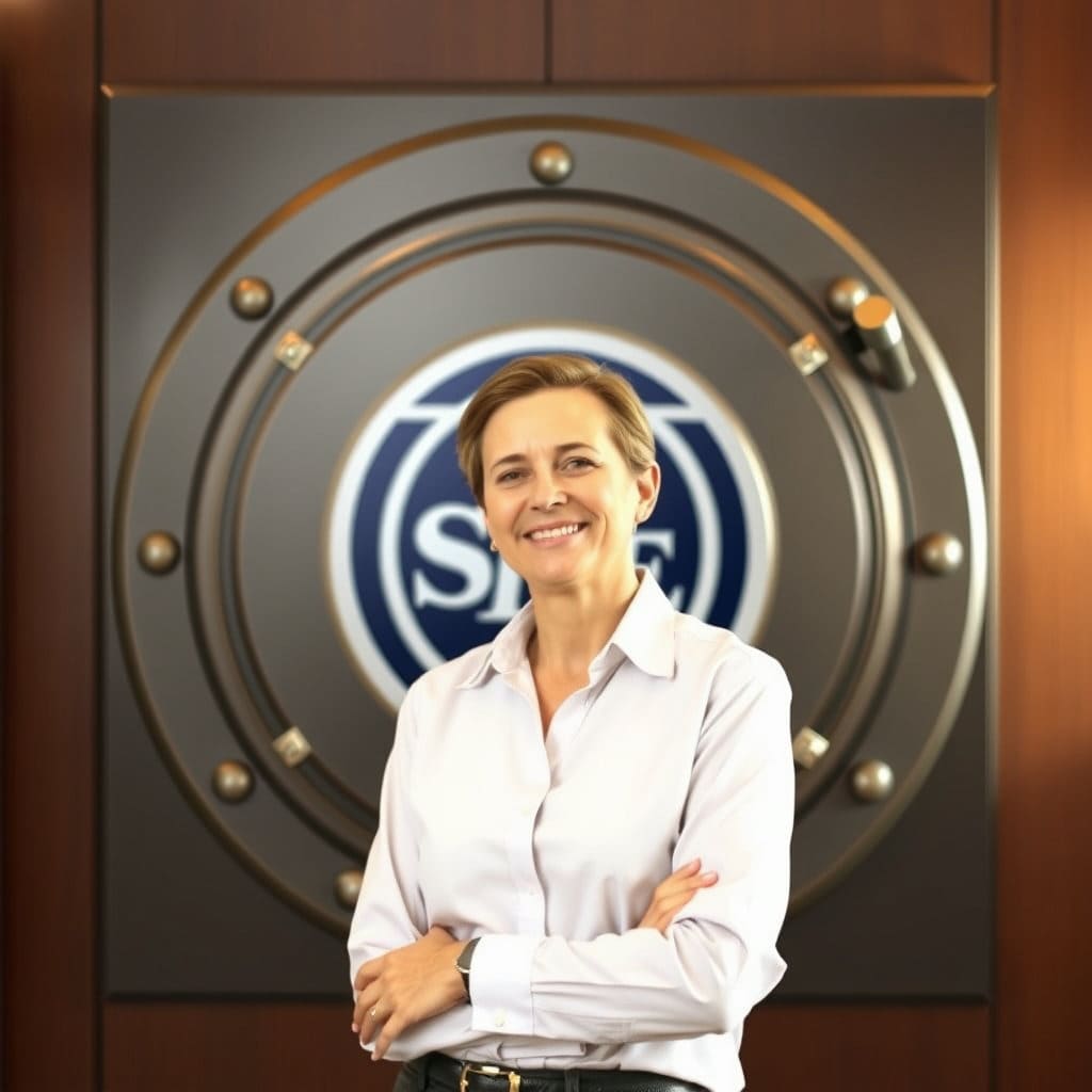 회사 로고가 새겨진 든든한 금고나 방패 뒤에 직원이 편안하게 서 있는 모습입니다. 이는 회사가 퇴직급여 지급을 책임지고, 근로자는 퇴직 시 정해진 급여를 받을 수 있다는 DB형의 안정성을 시각적으로 표현합니다.