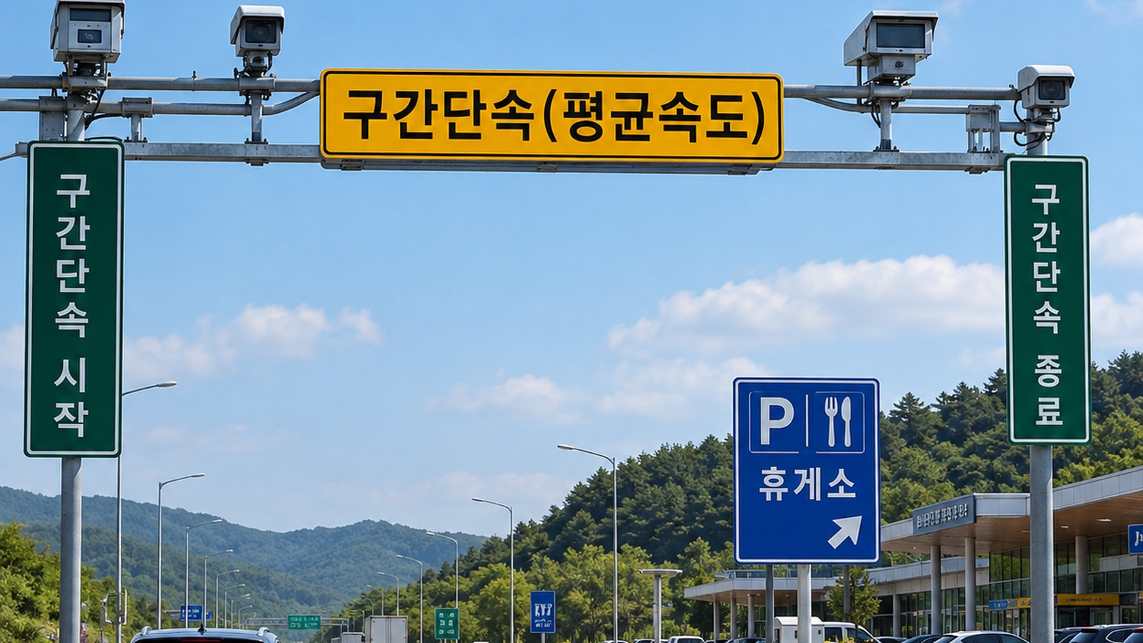 구간단속 표지 아래 고속도로와 오른쪽 휴게소 진입로가 보이는 장면