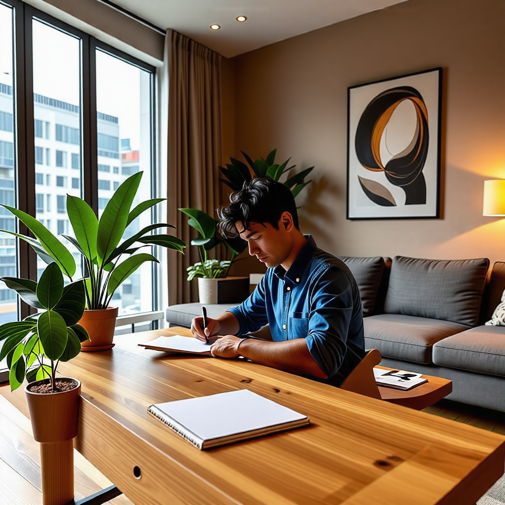 아파트에서 서류작석중인 사진