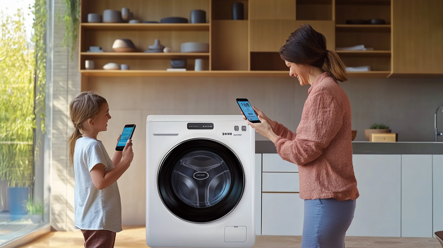 가족이 스마트폰 앱을 사용하여 삼성 세탁기를 원격으로 조작하고 모니터링하는 현대적인 집의 모습입니다.