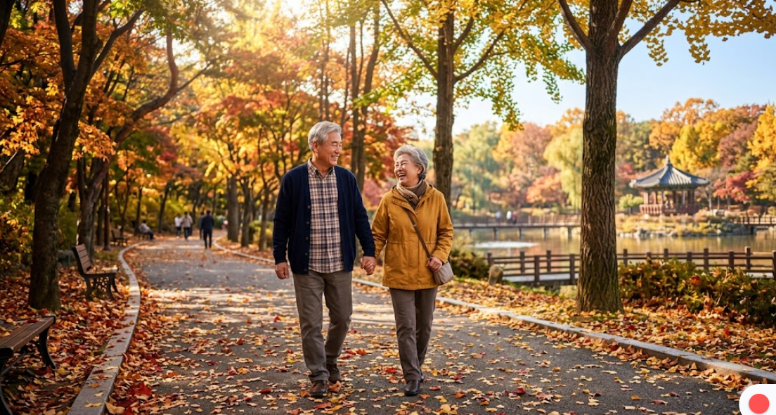밝은 햇살 아래서 평화롭게 산책하는 노부부