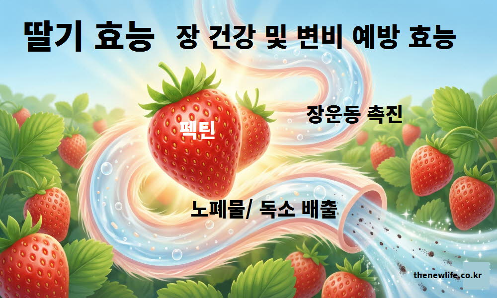 딸기 효능이 장 건강을 돕고 변비를 예방하는 과정을 설명하는 이미지