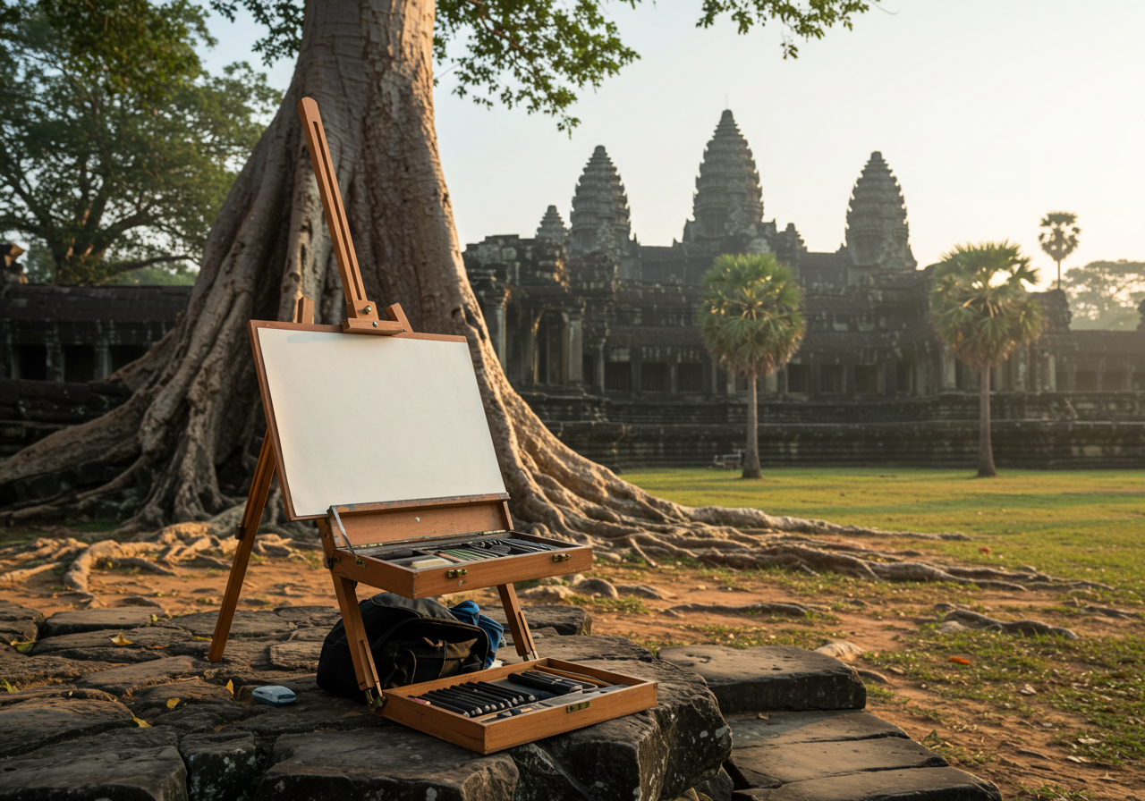 앙코르와트 유적지 한 켠, 나무 그늘 아래 놓인 이젤과 스케치 도구들