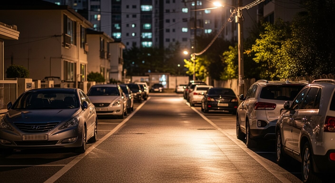 한국 주택가 야간 도로에 주차된 차량들