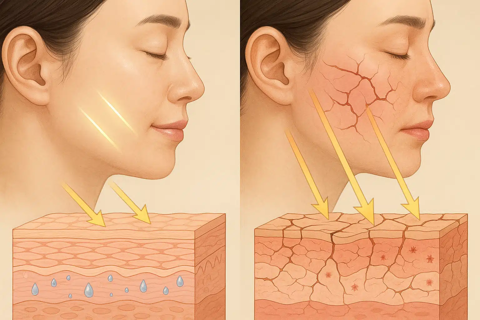 각질층과 지질막이 튼튼한 피부 vs 약해진 피부 단면 비교, 건조하고 갈라진 피부 위로 자외선이 깊이 침투하는 모습