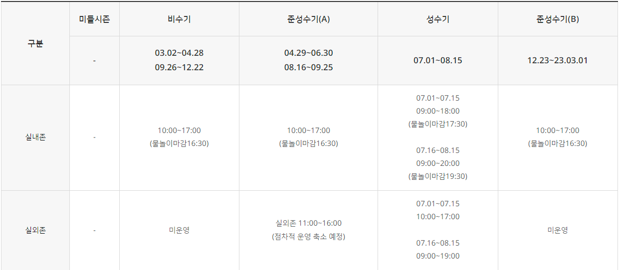 워트월드 시즌별 운영시간표