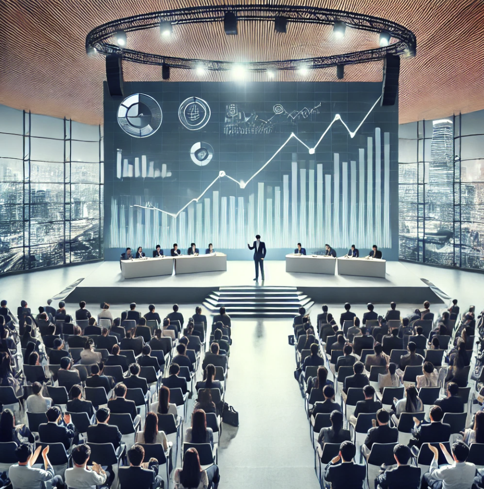 금융관리에 대해 강의하는 대형 세미나