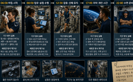 국제우주정거장 내부에서 우주비행사가 실험, 운동, 수면 준비를 하는 하루 생활 장면