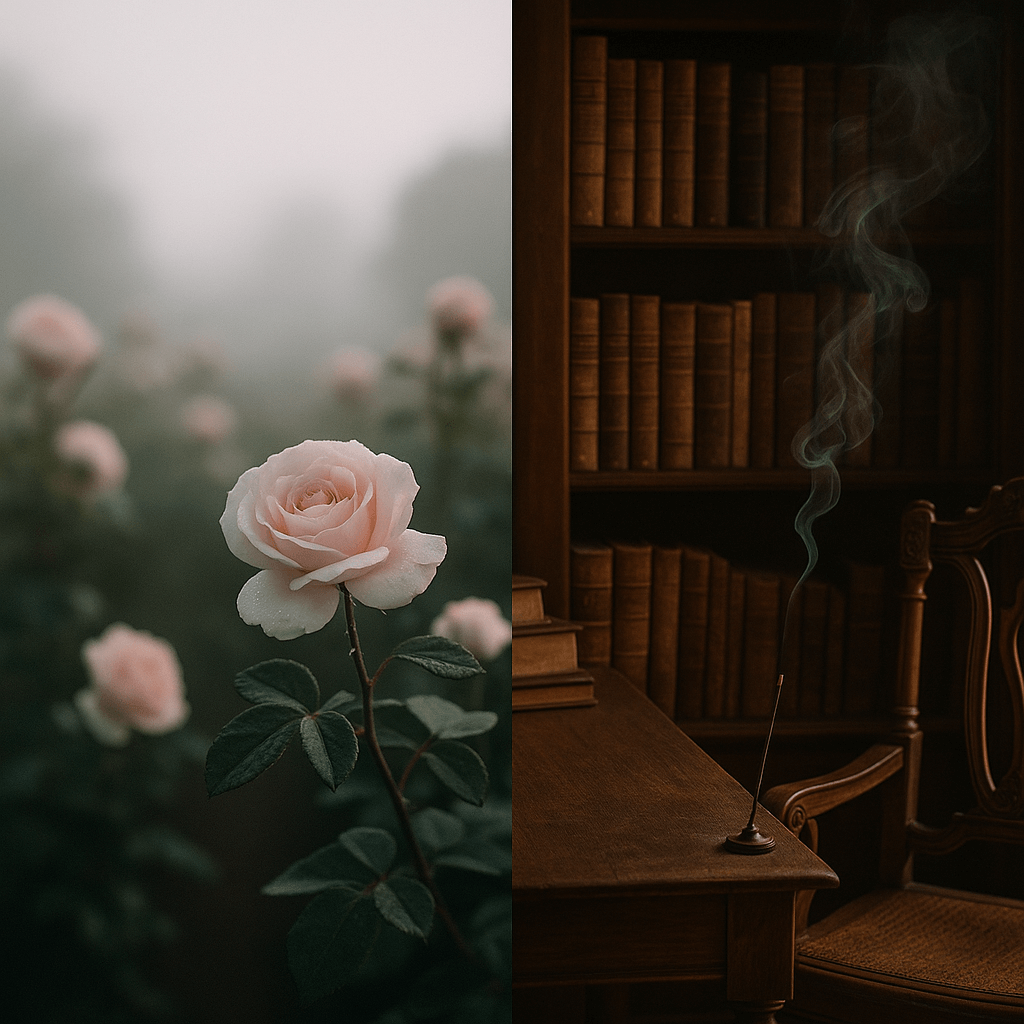 이미지 좌측에는 안개 낀 새벽의 장미 정원이 연출되어 있으며, 촉촉한 이슬을 머금은 연한 핑크빛 장미가 중심에 있다. 우측에는 고풍스러운 나무 책상과 오래된 책들로 가득한 서재, 그리고 은은하게 피어오르는 인센스 연기가 그려져 있다. 향수의 상큼한 탑노트와 따뜻한 베이스노트의 대조적인 무드를 시각적으로 표현한 이미지이다.
