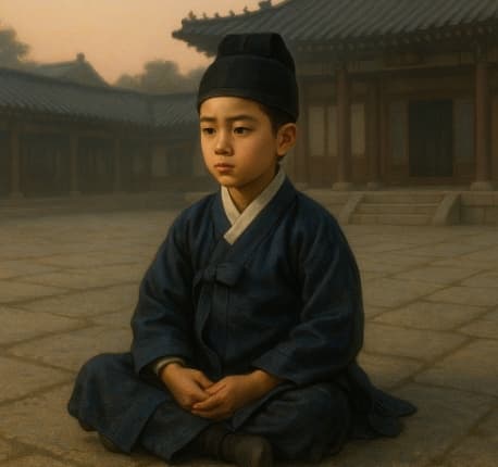 조선 시대 궁궐 마당에 홀로 앉아 깊은 생각에 잠긴 어린 왕자의 모습,
아버지의 비극과 정치적 불안 속에서 조심스럽게 성장하던
정조의 어린 시절을 상징적으로 표현한 장면