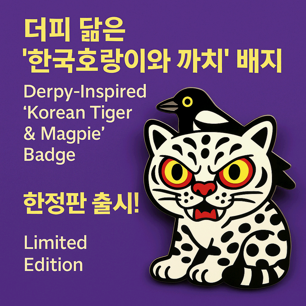 "더피 닮은 한국호랑이와 까치 배지 &ndash; 한정판 출시!"
"Derpy-Inspired Korean Tiger &amp; Magpie Badge &ndash; Limited Edition!"