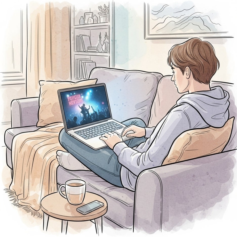 집에서 노트북으로 공연 영상을 보는 모습