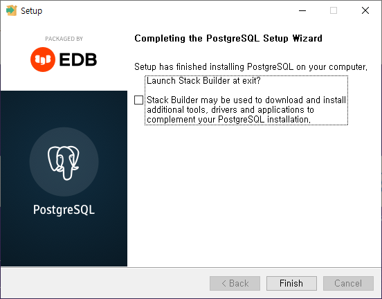 PostgreSQL 설치 완료 - Finish 버튼 클릭