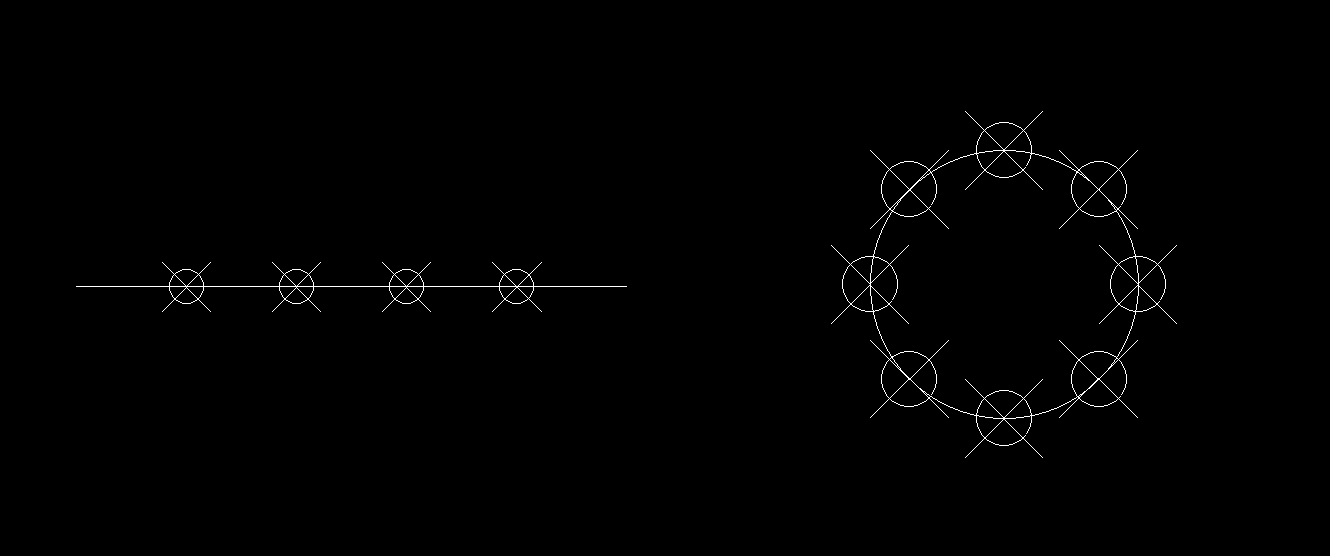 직선과 원을 Divide하고 PTYPE를 사용하여 포인트의 모양을 변경한 이미지