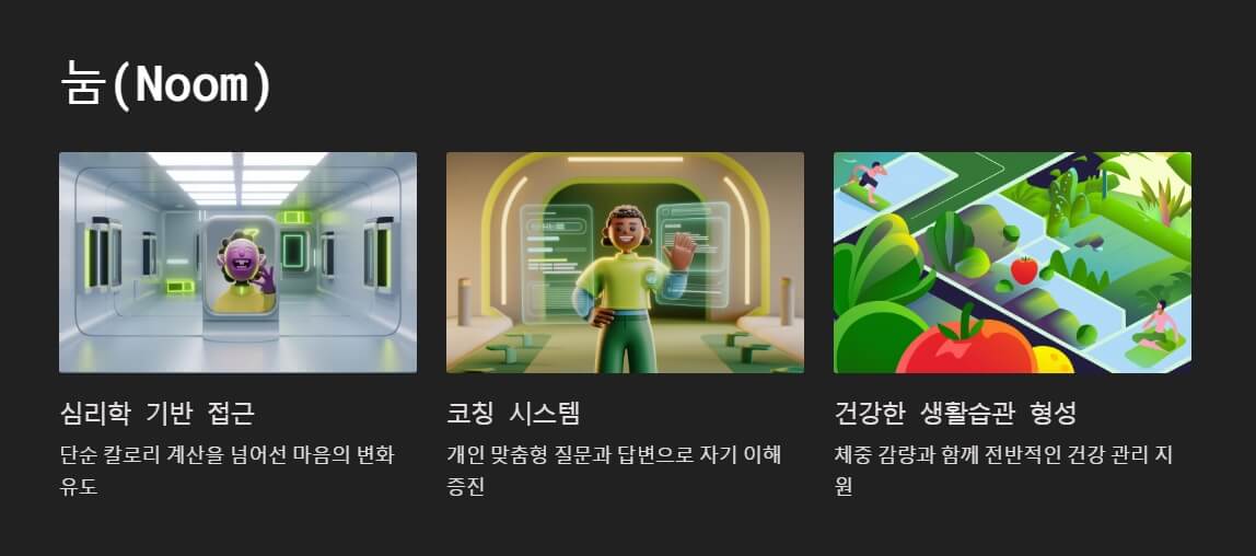 눔(Noom)의 주요 기능을 시각적으로 설명. 심리학 기반 접근, 개인 맞춤형 코칭 시스템, 건강한 생활습관 형성 기능을 강조하며 관련된 삽화가 각각 배치됨