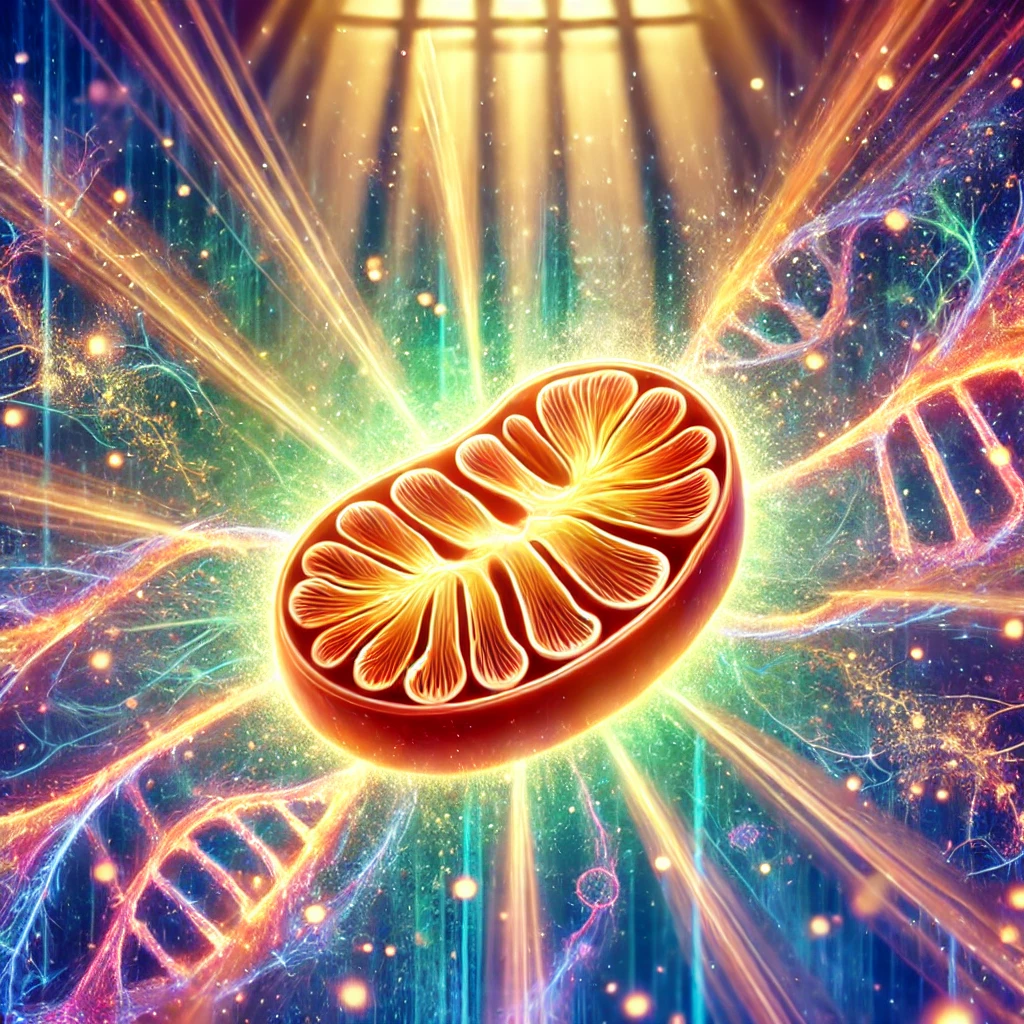 어두운 배경에서 서서히 복구되는 미토콘드리아의 모습&amp;#44; 마치 치유의 빛이 쏟아지듯 환한 광선이 미토콘드리아를 감싸며 원래의 건강한 색상과 형태로 회복되는 과정