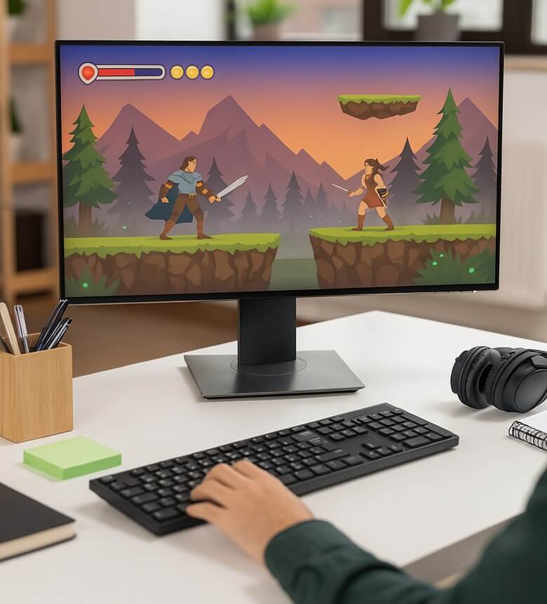 게임 디자이너가 2D 게임을 개발 중인 장면