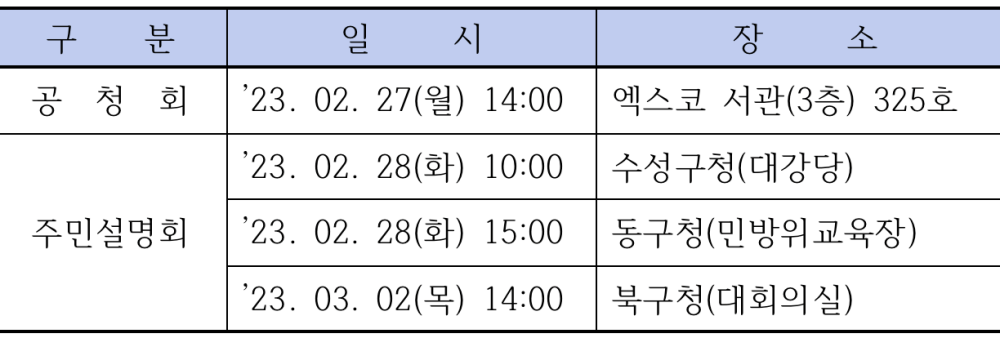 엑스코선 건설사업 기본계획안 공청회, 주민설명회 일정