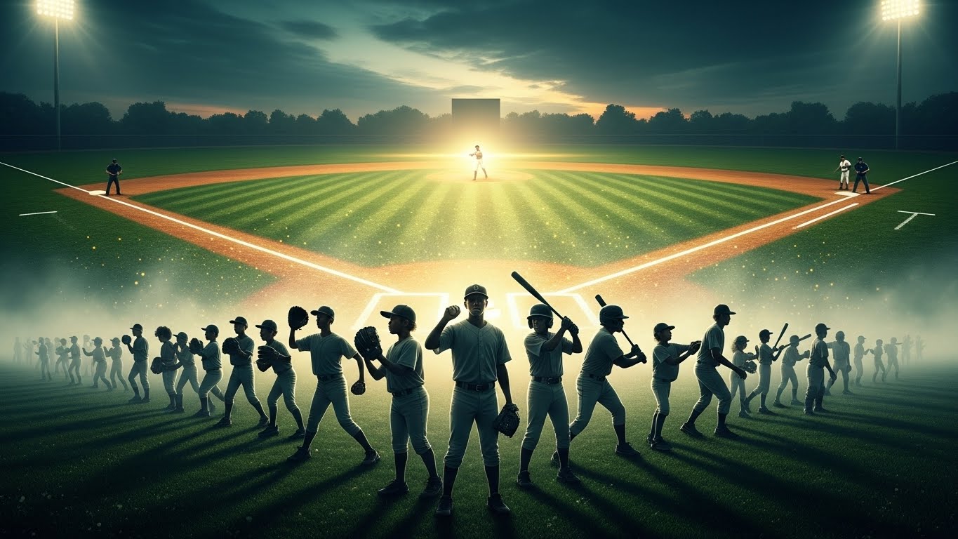 2026 KBO 신인드래프트에서 주목할 숨겨진 보석 유망주들의 실루엣이 희망찬 분위기 속에서 빛나고 있는 모습