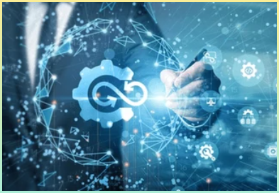 지속적인 통합과 지속적인 배포를 나타내는 아이콘과 양복입은 신자 사진