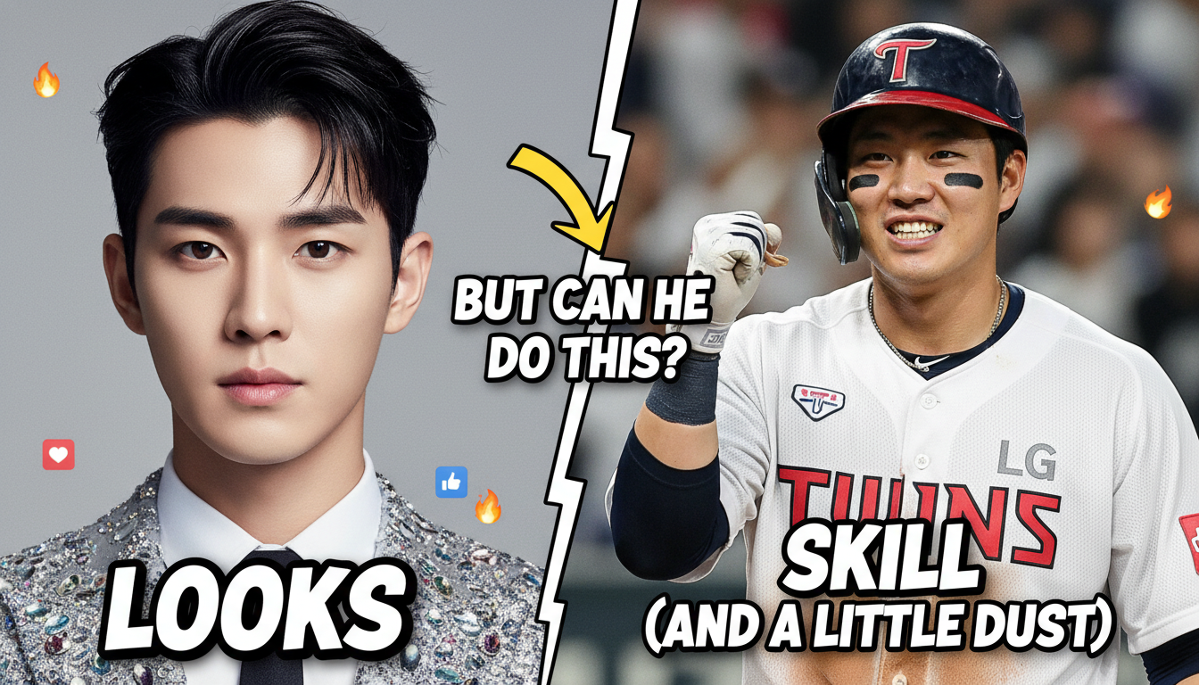 아이돌 차은우와 야구선수 문보경의 이미지를 대비시켜 '은우야, 너는 적시타 못 치잖아' 밈을 표현한 재미있는 콜라주.