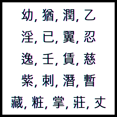 幼 어릴 유, 猶 오히려 유, 潤 불을 윤ː, 乙 새 을, 淫 음란할 음, 已 이미 이ː, 翼 날개 익, 忍 참을 인, 逸 편안할 일, 壬 북방 임ː, 賃 품삯 임ː, 慈 사랑 자, 紫 자줏빛 자ː, 刺 찌를 자ː, 刺 찌를 척, 潛 잠길 잠, 暫 잠깐 잠(ː), 藏 감출 장, 粧 단장할 장, 掌 손바닥 장ː, 莊 씩씩할 장, 丈 어른 장ː