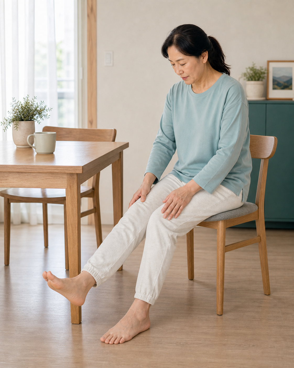 아침 무릎 뻣뻣함을 줄이기 위해 의자에서 발목과 무릎을 천천히 움직이는 장면
