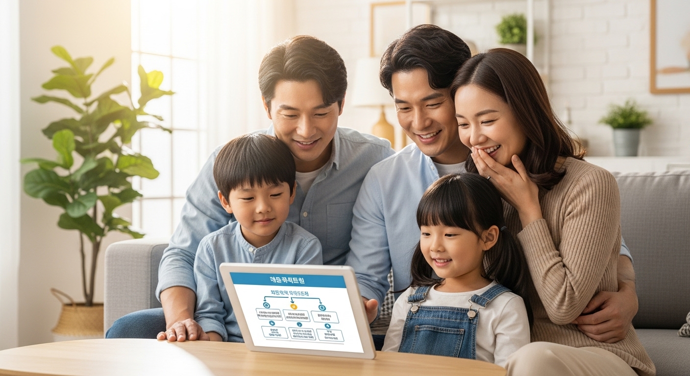 태블릿으로 간결해진 보험 계획을 보며 미소 짓는 한국인 가족 (30~40대 부부와 두 자녀)