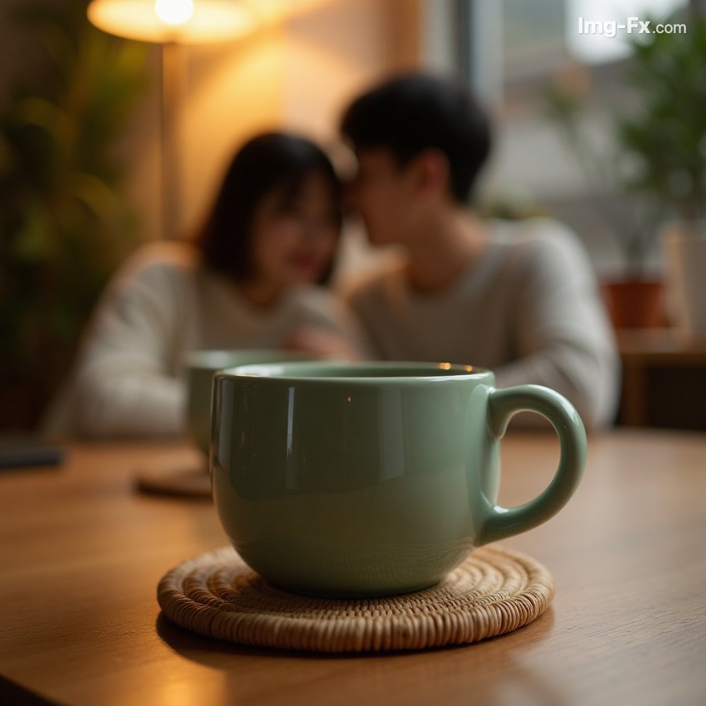 홈카페를 즐기는 신혼부부와 스탠드조명으로 은근한 빛을 주며, 라탄코스터와 2025년 트렌드컬러 세이지그린의 머그컵의 이미지