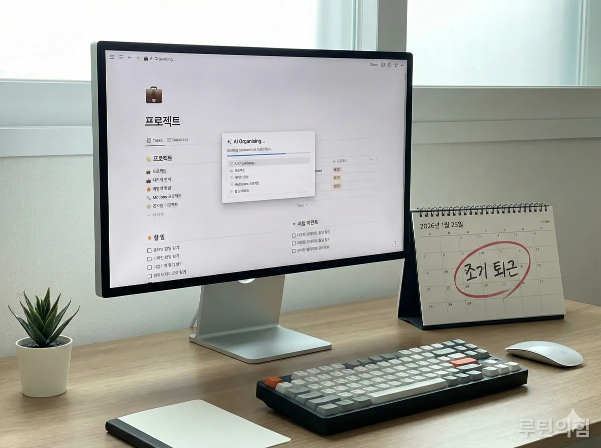 노션 AI가 할 일 목록과 데이터베이스를 자동으로 정리하는 모니터 화면과 칼퇴가 표시된 달력