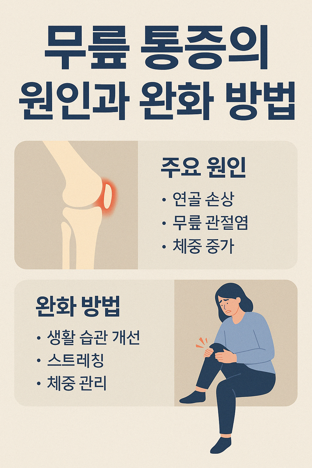 무릎 통증의 원인과 증상을 설명하고 완화 방법을 소개하는 디지털 건강 인포그래픽 이미지