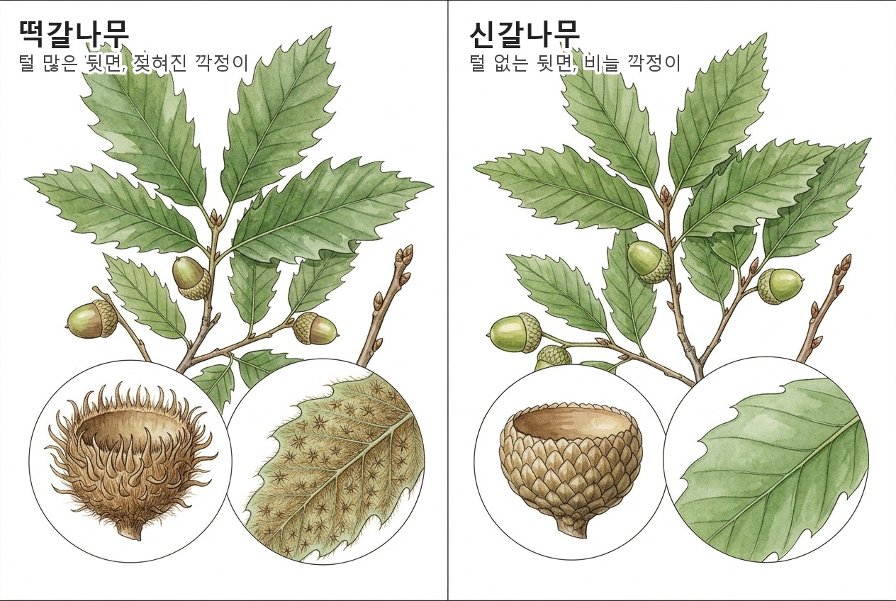 떡갈나무와 신갈나무의 깍정이와 잎 뒷면 비교