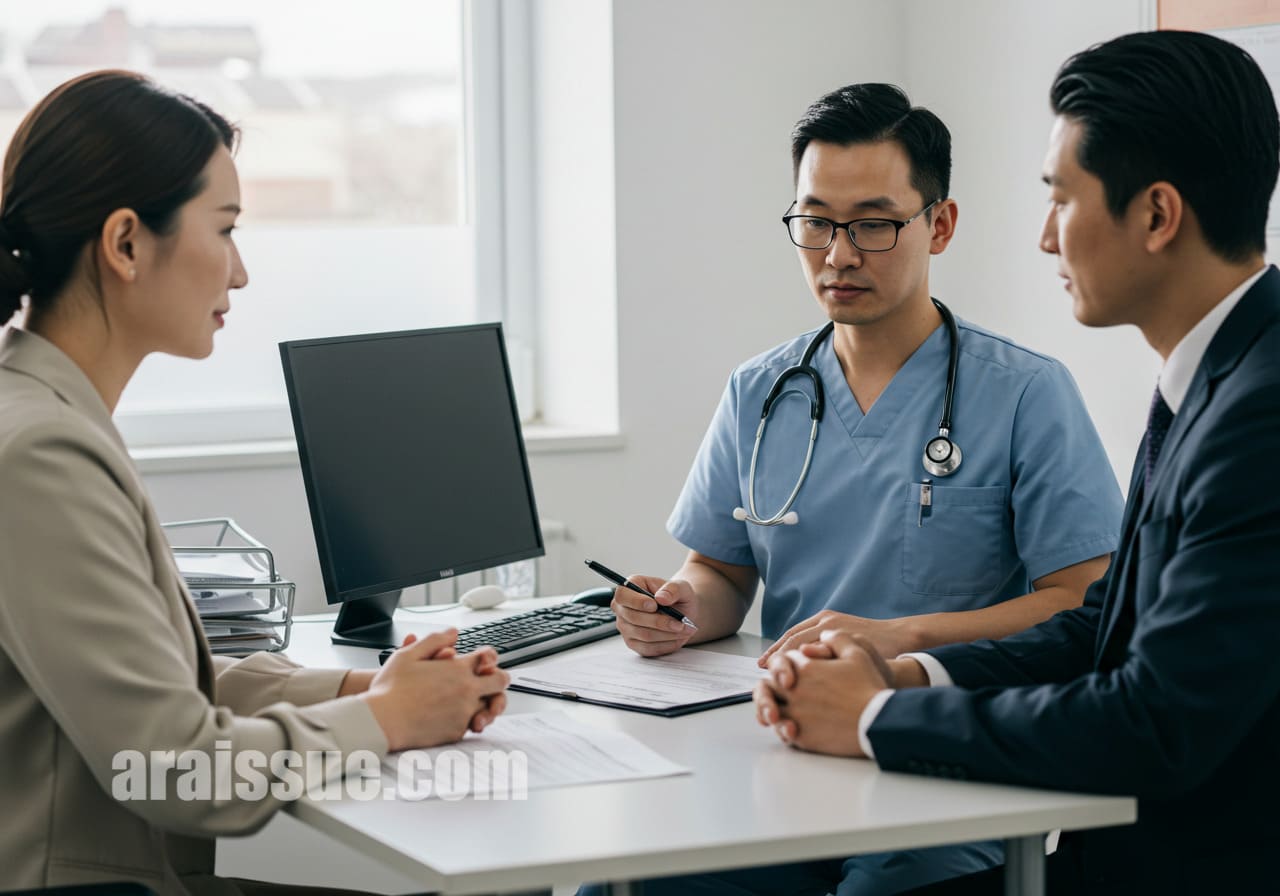 현대적인 병원 사무실에서 의사가 환자에게 실손보험 혜택에 대해 설명하는 장면. 의료 서류와 스크럽을 입은 의료 전문가들이 현대적인 실내에서 대화를 나누고 있다.