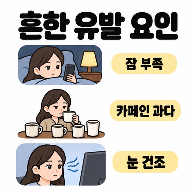침대에서 휴대전화를 보는 모습, 여러 커피잔 앞의 여성, 모니터 옆 바람 선으로 잠 부족과 카페인 과다, 눈 건조를 표현한 그림