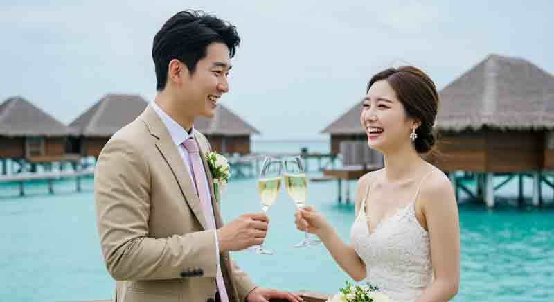 몰디브 럭셔리 해상 리조트에서 축배를 들고 있는 신혼부부 한쌍