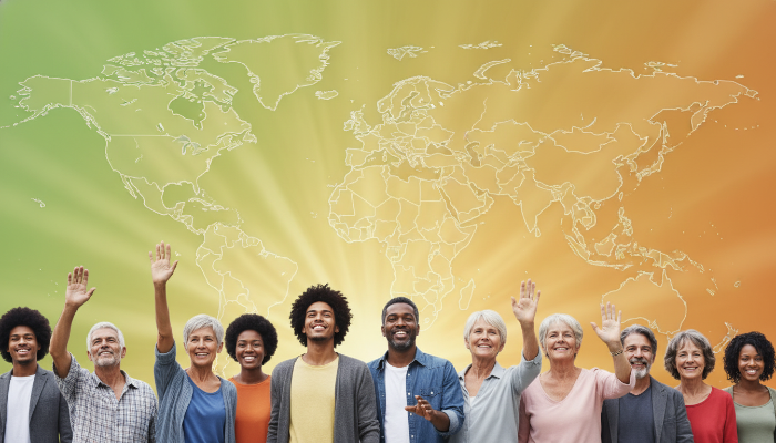 다양한 국적과 인종의 사람들이 손을 잡고 지구 앞에서 희망찬 표정으로 서 있는 모습, 세계 인권의 날을 기념하는 통합과 평화의 상징