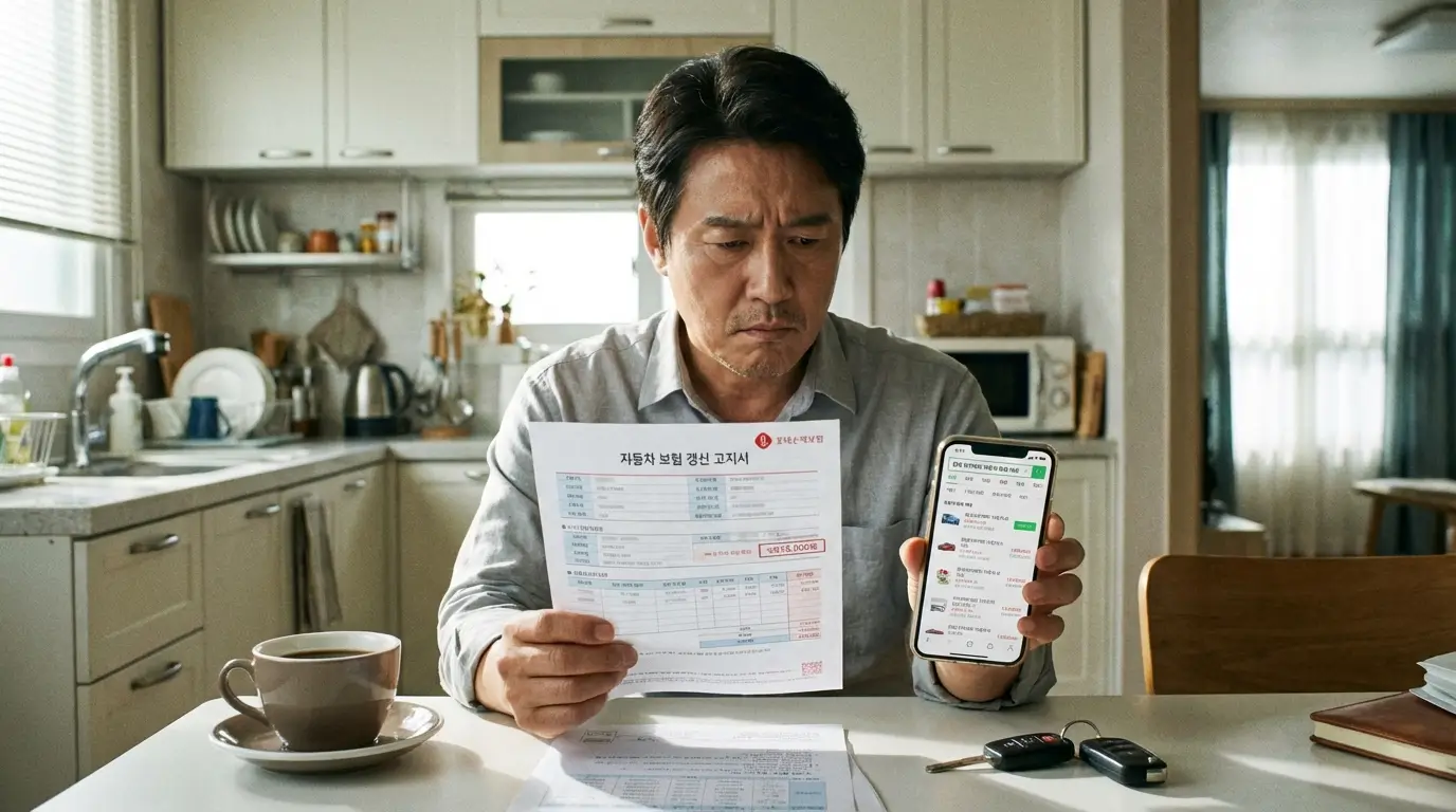 자동차 보험 갱신 고지서를 들고 롯데 다이렉트가 정말 저렴한지 스마트폰으로 검색하며 고민하는 운전자의 모습