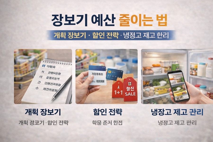 장보기 예산을 줄이기 위해 계획 장보기, 할인 전략, 냉장고 재고 관리라는 세 가지 핵심 원리를 한눈에 정리한 생활비 절약 안내 이미지입니다.