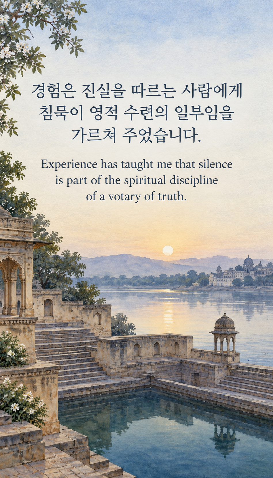 경험은 진실을 따르는 사람에게 침묵이 영적 수련의 일부임을 가르쳐 주었습니다. &mdash; 새벽 강가의 빈 계단 우물, 인도풍 그림