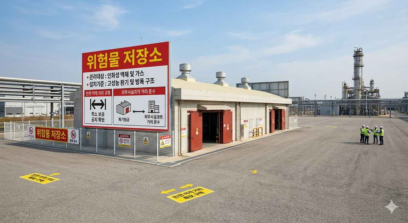 산업 단지 내에 설치된 단층 위험물 저장소 건물의 전경 사진. 외벽에 인화성 액체 및 가스 관리 기준과 법정 이격 거리 준수를 안내하는 대형 빨간색 표지판이 부착되어 있다.