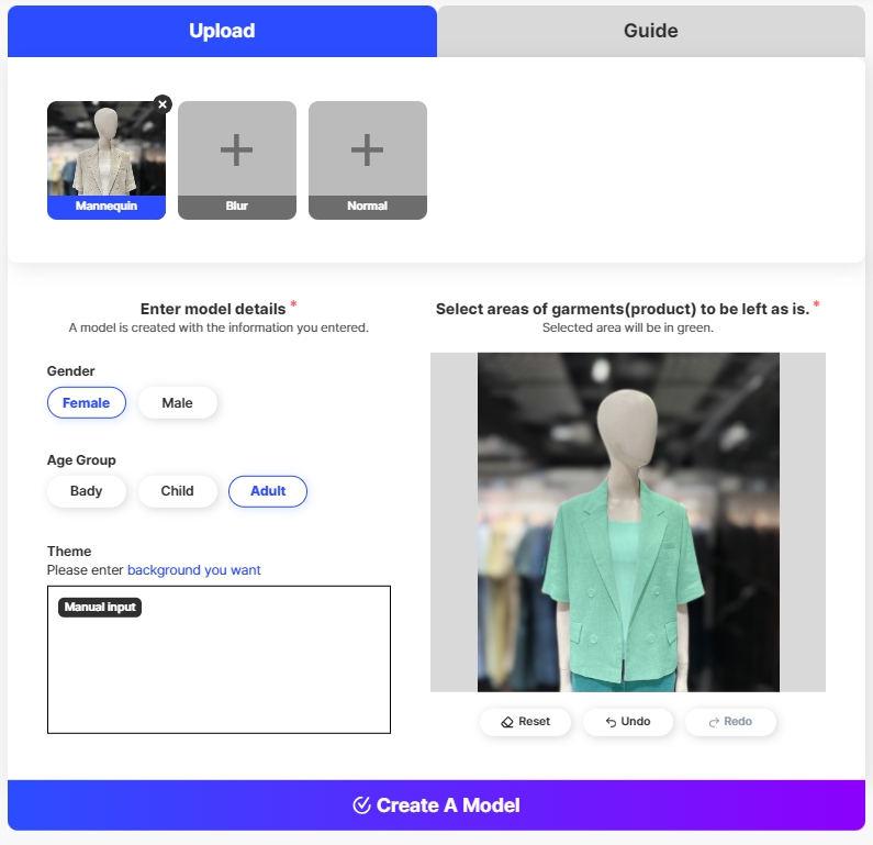 Draph Artのモデル変更メニューのスクリーンショットで、アップロードされたマネキン画像の服の部分が選択されている画面。