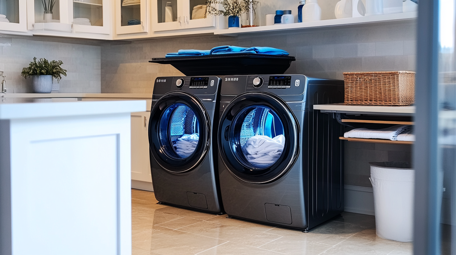 삼성 그랑데 AI 세탁기가 배치된 넓고 정돈된 가족 세탁실, 대용량 세탁기의 기능과 깔끔한 접이식 작업 공간이 강조됨.