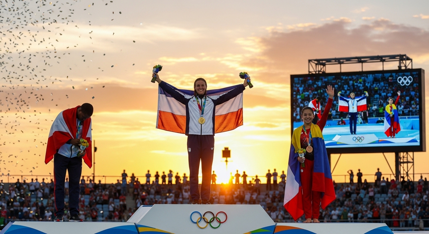 2026 밀라노 올림픽 시상식 장면을 상징적으로 표현한 웅장한 경기장 이미지